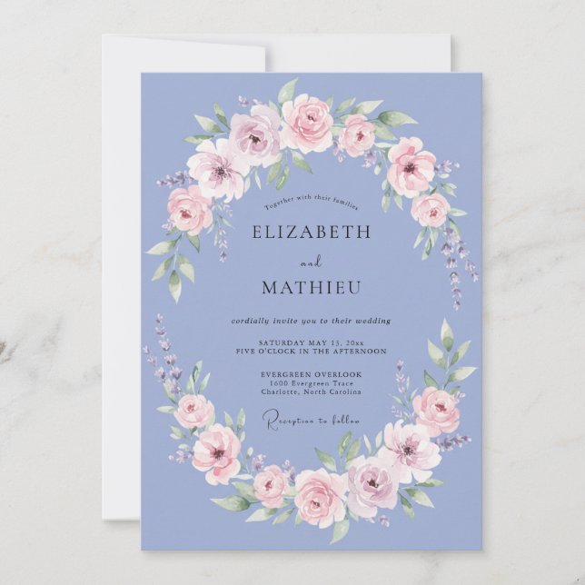 Convite Coroa Floral Romântica de Periwinkle para Casament (Frente)