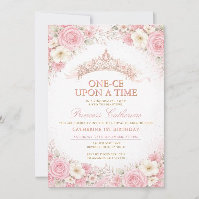 Convite Coroa Floral Rosa Aniversário Princesa (Frente)