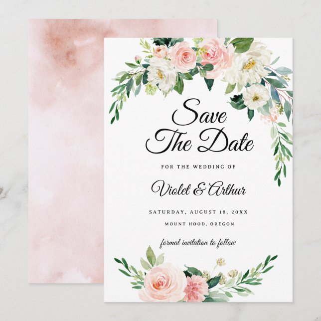 Convite Coroa Floral Rosa Bege Casamento Salve A Data  (Frente/Verso)