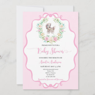 Convite Coroa Floral Rosa Choque Watercolor Carrinho de Be