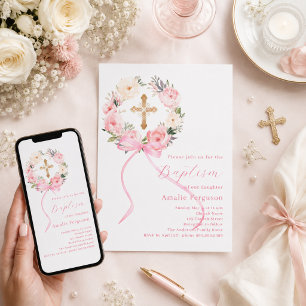Convite Coroa floral rosa com arco para batizado de menina