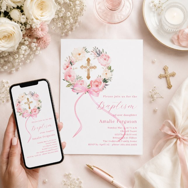 Convite Coroa floral rosa com arco para batizado de menina (Criador carregado)