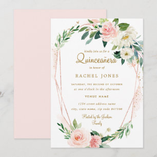 Convite Coroa Floral Rosa Dourado Moderna Quinceanera