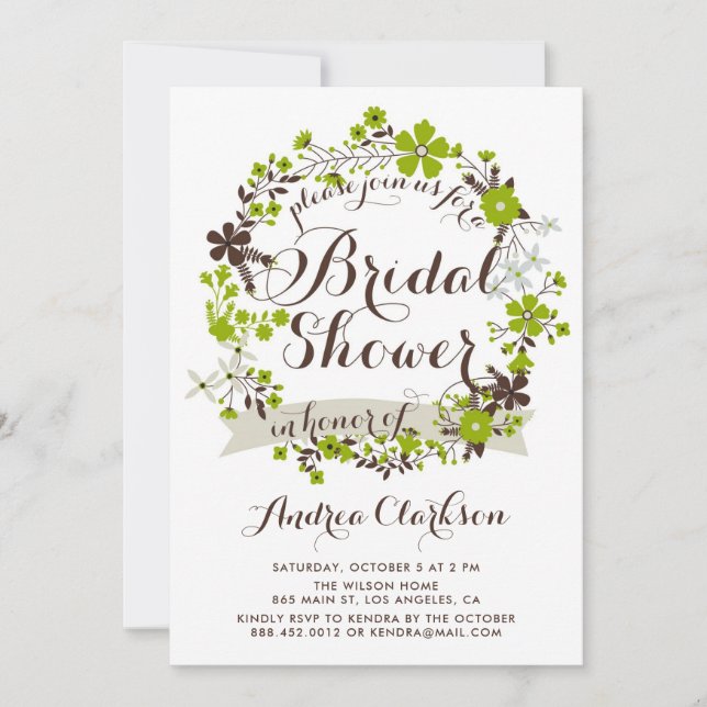 Convite Coroa Floral Rosa e Cinza para Chá de Noiva (Frente)