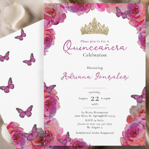 Convite Coroa Floral Rosa Elegante Quinceanera
