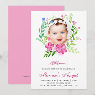 Convite Coroa Floral Rosa Foto Menina Bebê Aqiqah