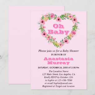 Convite Coroa Floral Rosa Menina Bebe Primavera Chás de Be
