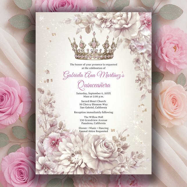 Convite Coroa Floral Rosa Prata Quinceañera (Pink Silver Crown Floral Quinceañera Invitation
)