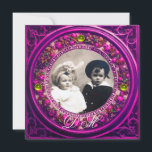 CONVITE COROA FLORAL ROSA RENASCENÇA FLORENTINA MONOGRAMA<br><div class="desc">Frutas elegantes e clássicas, arte refinada vibrante da Renascença, obra-prima da Bottega della Robbia (Florença - Itália). Modelo de convite de foto circular/e em forma redonda sofisticado(a) em amarelo dourado, preto, roxo, rosa, fúcsia, violeta com pedras de topázio amarelas brilhantes em 3D facilmente personalizável com seu texto e iniciais. Design...</div>