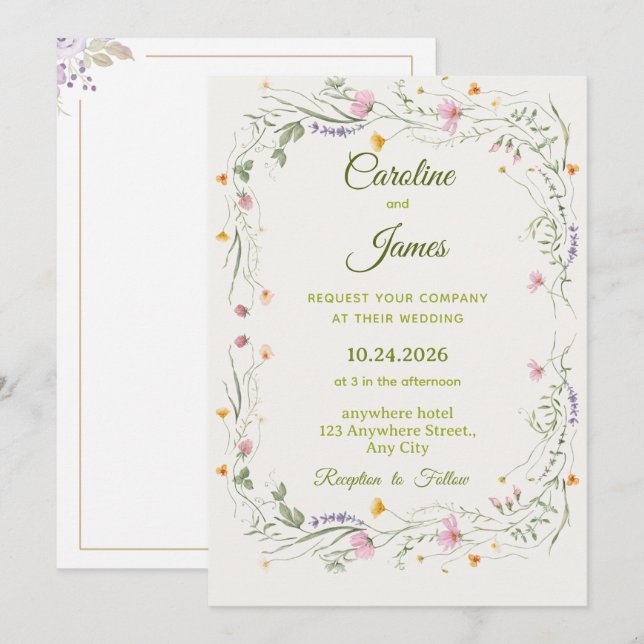 Convite Coroa Floral Rosa Romântica Casamento Clássico (Frente/Verso)