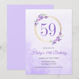 Convite Coroa Floral Roxa Pastel Dourada Aniversário de 59