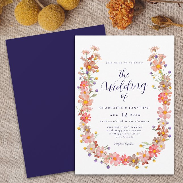 Convite Coroa Floral Rústica Boho Azul-Marinho Casamento d (Boho fall rustic floral wreath navy blue and white wedding invitation widflowers Elegant script)