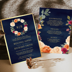 Convite Coroa Floral Terrosa Naval de Casamento Tudo em Um