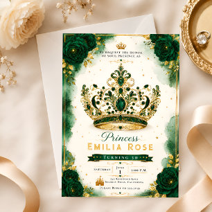 Convite Coroa Floral Verde Esmeralda Elegante Aniversário