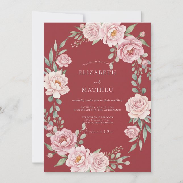 Convite Coroa Floral Vermelha Profunda Casamento (Frente)