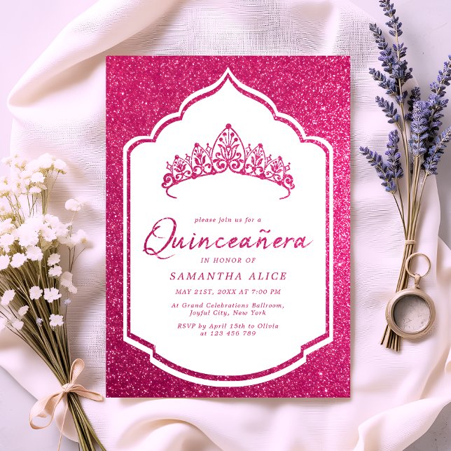 Convite Coroa Glitter Rosa Quince Miss Quinceanera (Criador carregado)