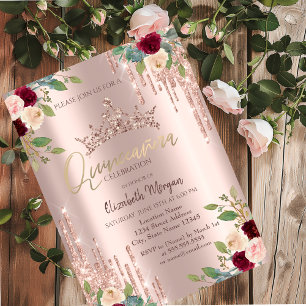 Convite Coroa Gota, Rosas Burgundy Quinceañera Dourado Ros
