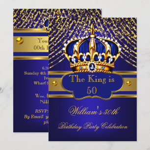 Convite Coroa Kingl azul dourado ornamentada para festa de