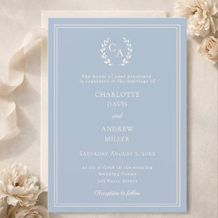 Convite Coroa monograma de casamento simples em azul poeir