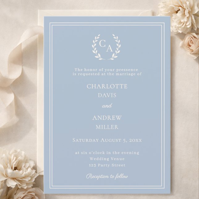 Convite Coroa monograma de casamento simples em azul poeir (Criador carregado)