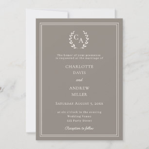 Convite Coroa monograma de casamento simples marrom-acinze