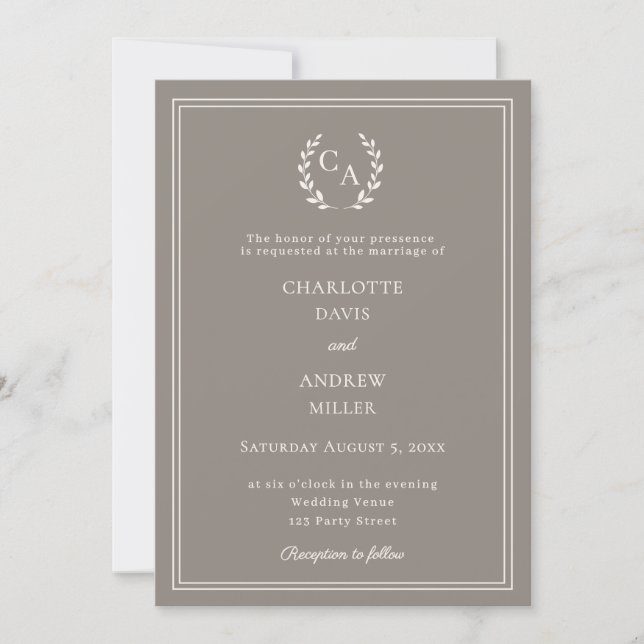 Convite Coroa monograma de casamento simples marrom-acinze (Frente)
