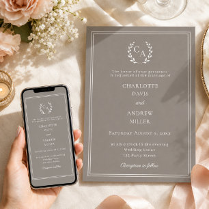 Convite Coroa monograma de casamento simples marrom-acinze