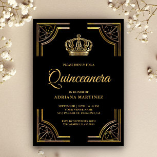 Convite Coroa ornamentado Dourado preta Quinceanera do