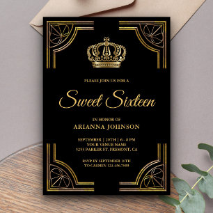 Convite Coroa Ornata Dourada Preta Vintage Sweet Sixteen