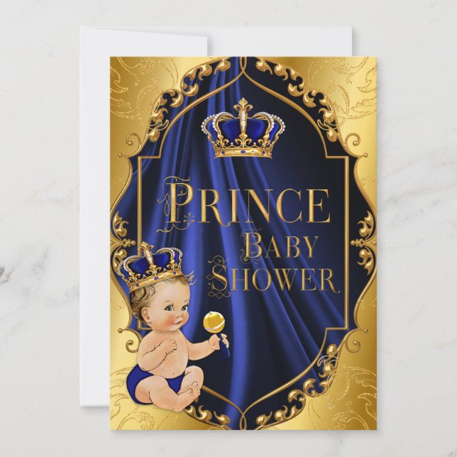 Convite Coroa Pequeno Príncipe Azul Real e Dourado (Frente)