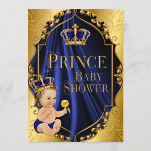 Convite Coroa Pequeno Príncipe Azul Real e Dourado