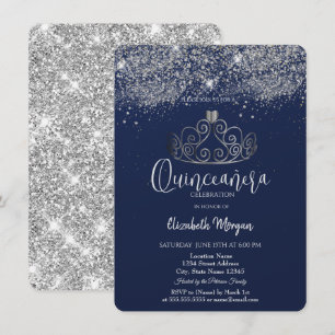Convite Coroa Prateada Brilho Confete Azul Quinceañera