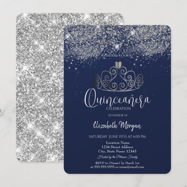 Convite Coroa Prateada Brilho Confete Azul Quinceañera (Frente/Verso)