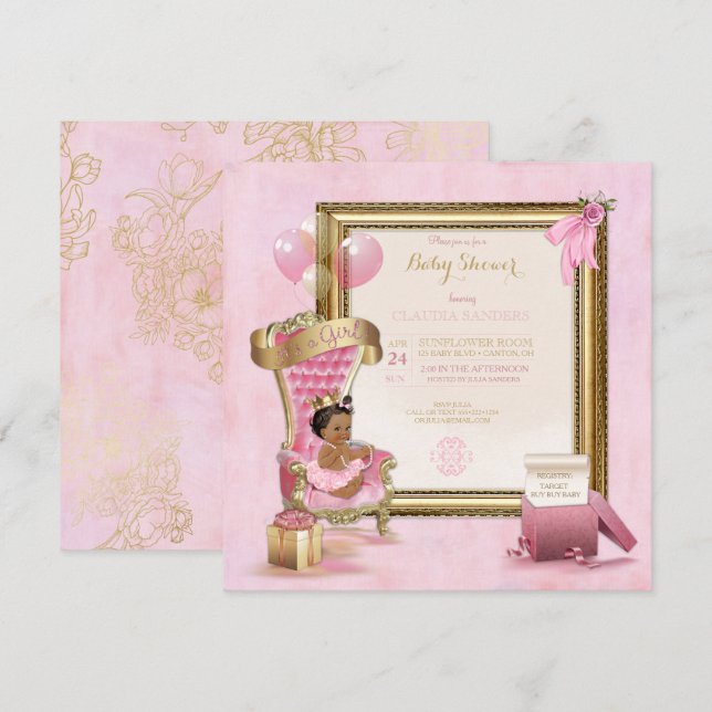 Convite Coroa Princesa Bebê Étnica Dourada Rosa Real (Frente/Verso)