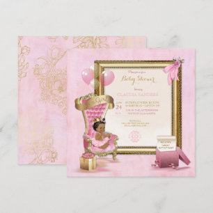 Convite Coroa Princesa Bebê Étnica Dourada Rosa Real