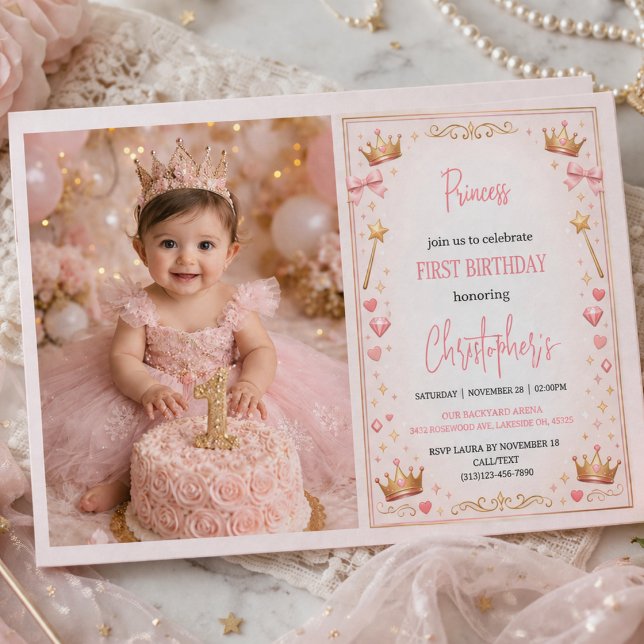 Convite Coroa Princesa Dourado Rosa Conto de Fadas 1º Aniv (Pink Gold Princess Crown Fairytale 1st Birthday Invitation
)
