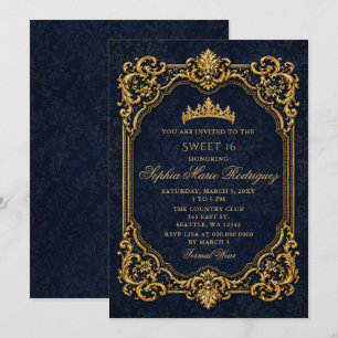 Convite Coroa Princesa Real Dourada Marinho Doce 16