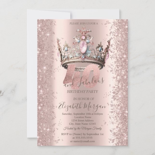 Convite Coroa Princesa Rosa Dourado Brilho Diamantes 40º (Frente)