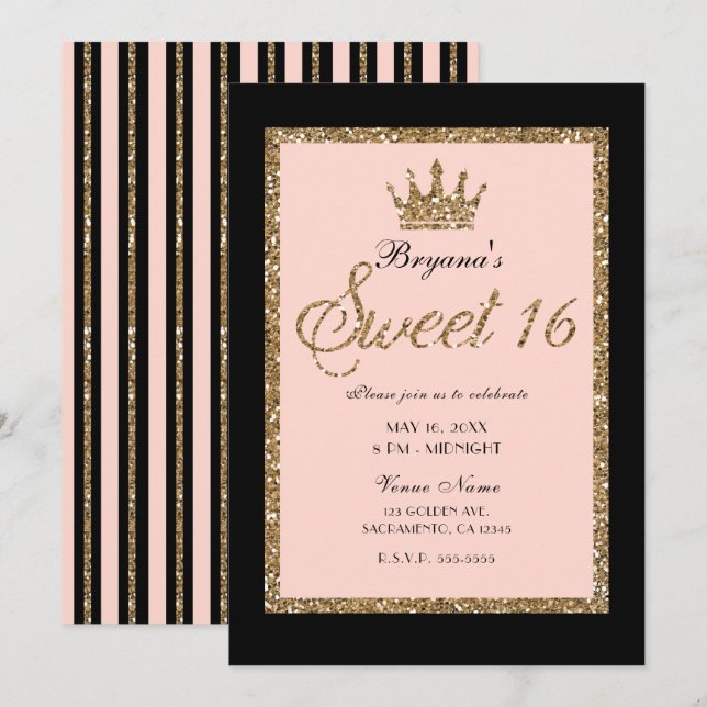 Convite Coroa Princesa Sweet 16 Dourado Rosa com Glitter e (Frente/Verso)