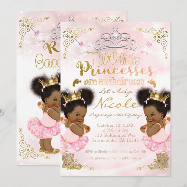 Convite Coroa Princesa Tutu Étnica Gêmeas Chuveiro de Bebê (Frente/Verso)