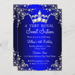 Convite Coroa Real Azul Doce 16 Pérolas Prateadas<br><div class="desc">Royal Blue Sweet 16 Coroa,  tiara,  Aniversário. Elegante design de damasco de pérolas. Notem,  por favor,  que todas as imagens planas não têm joias reais!</div>