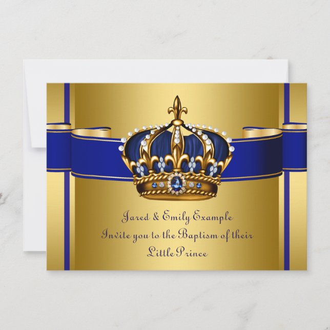 Convite Coroa Real Azul e Ouro Príncipe Batismo (Frente)