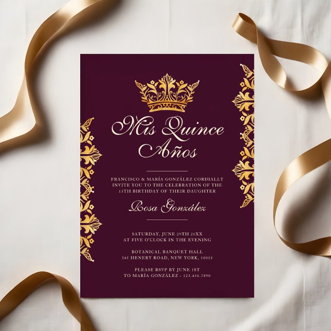 Convite Coroa Real Dourada Folha Elegante Borgonha Quincea (Royal Gold Leaf Crown Elegant Burgundy Quinceañera Invitation)