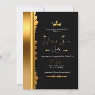 Convite Coroa Real Preta e Dourada Casamento Glamouroso El