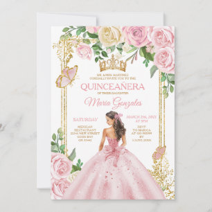 Convite Coroa Rosa Bege Suave Princesa Menina Quinceañera 