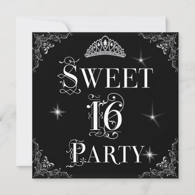 Convite Coroa Sweet 16 Real Preto Branco Prata (Frente)