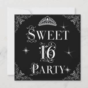Convite Coroa Sweet 16 Real Preto Branco Prata