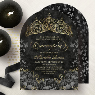 Convite Coroa Tiara Preta Moderna Dourada Quinceanera