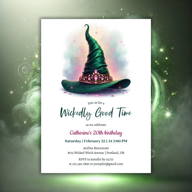 Convite Coroa Whimsical e Bruxa Verde - Dia de Aniversário (Whimsical Crown & Green Wicked Witch Hat Birthday Invitation)