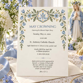 Convite Coroação Católica Mariana Floral Azul de Maio